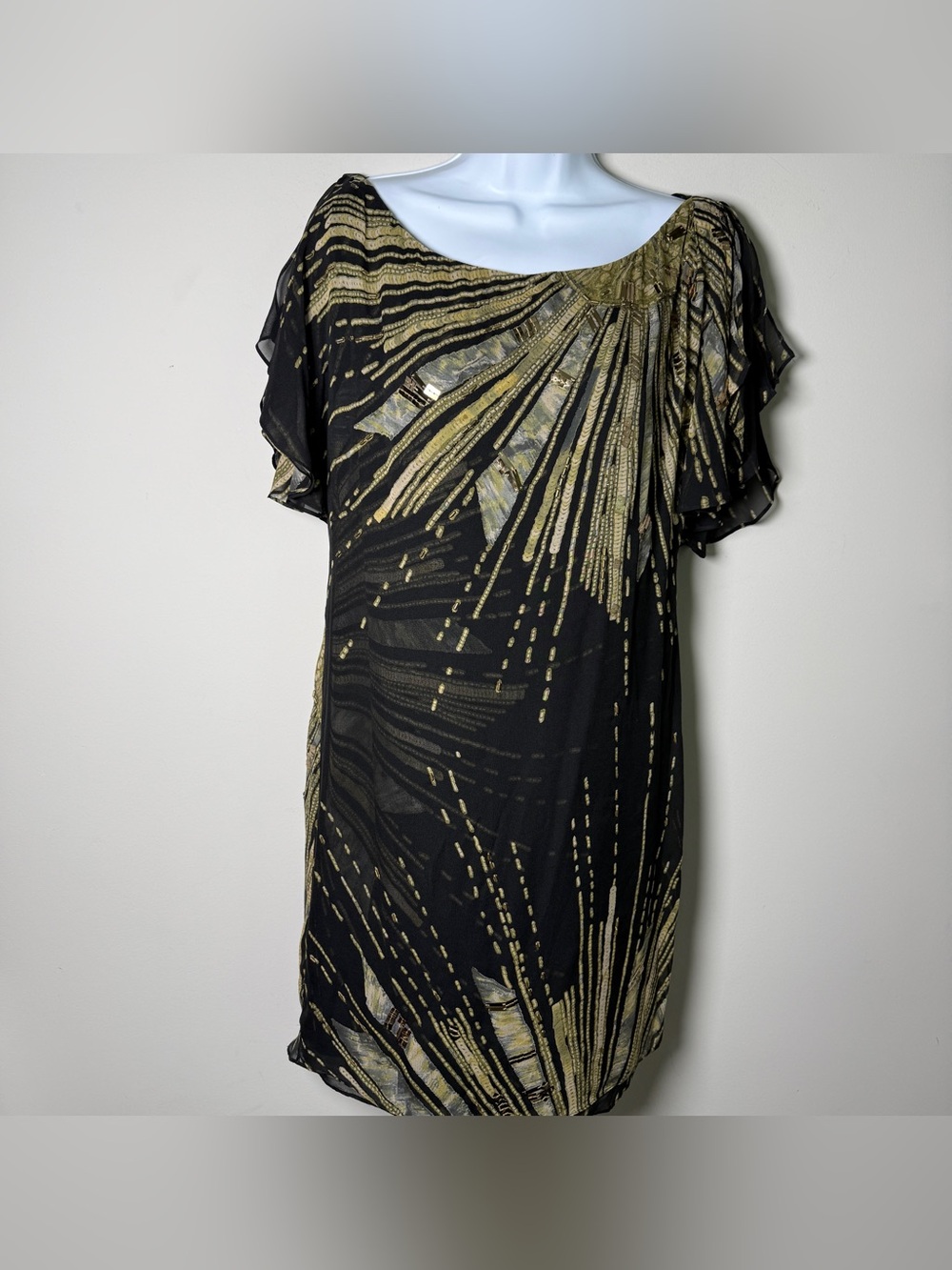 Diane von Furstenberg Silk Embellished Flutter Sleeve Dress Black Gold Art Deco - Picture 2 of 11